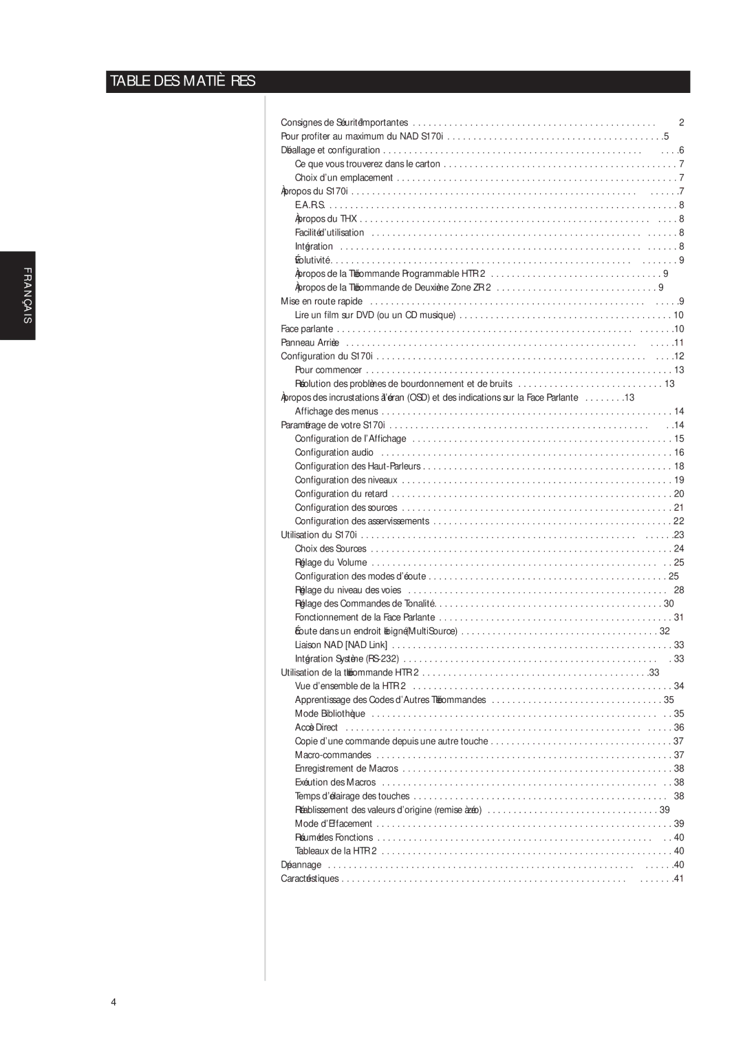 NAD S170iAV owner manual Table DES Matières 