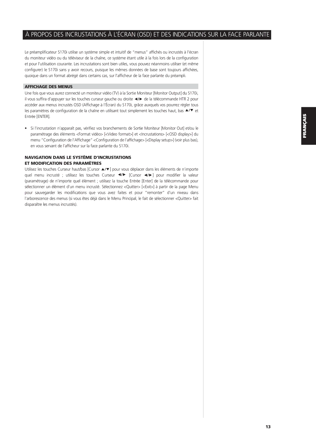 NAD S170iAV owner manual Affichage DES Menus 