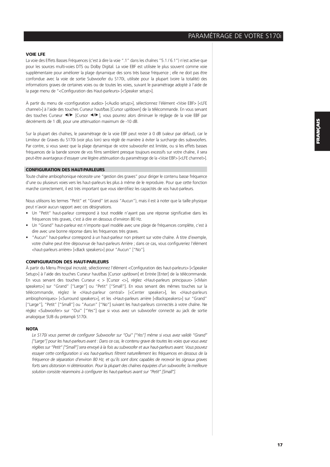 NAD S170iAV owner manual Voie LFE, Configuration DES HAUT-PARLEURS, Nota 