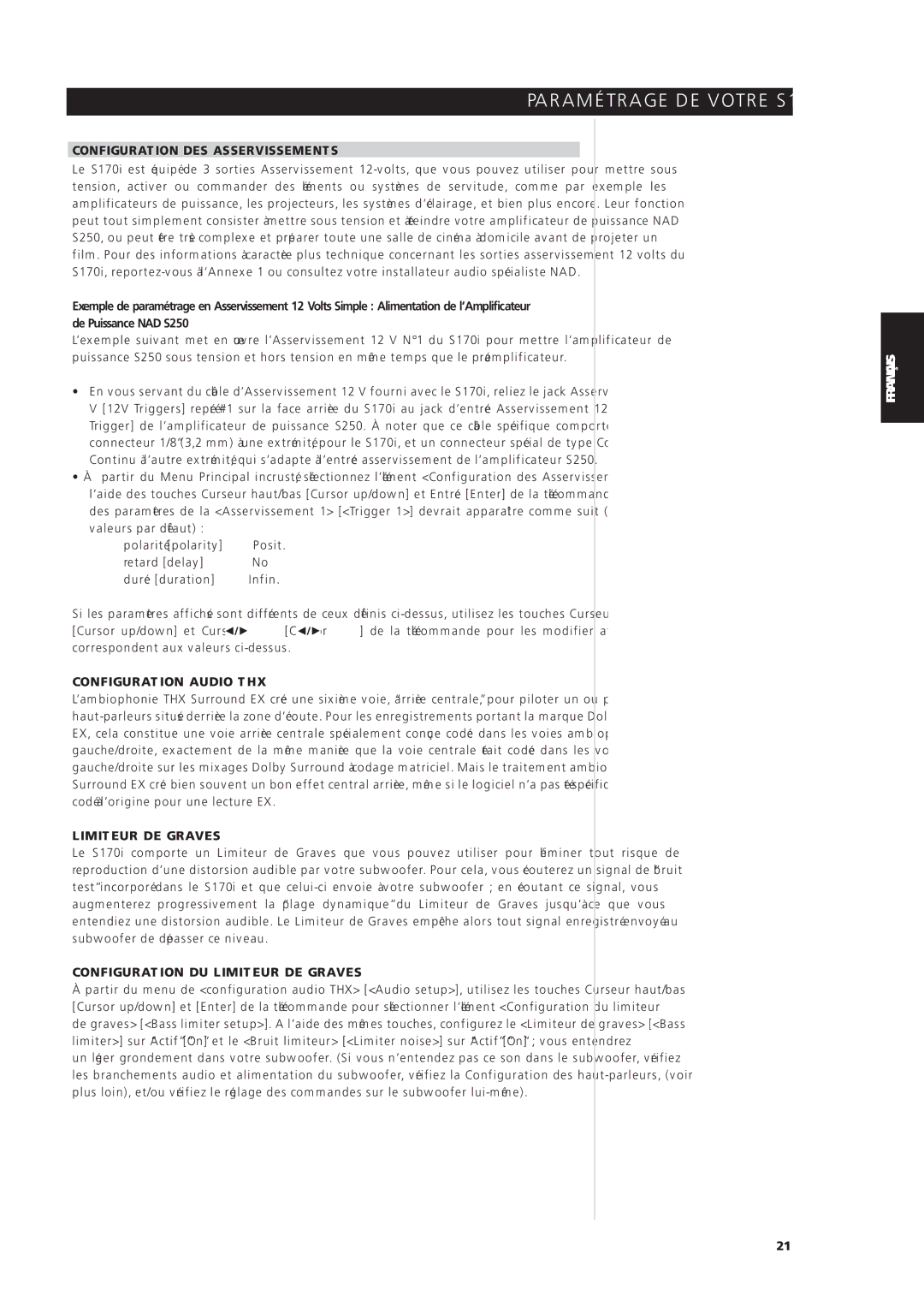 NAD S170iAV owner manual Configuration DES Asservissements, Configuration Audio THX, Limiteur DE Graves 