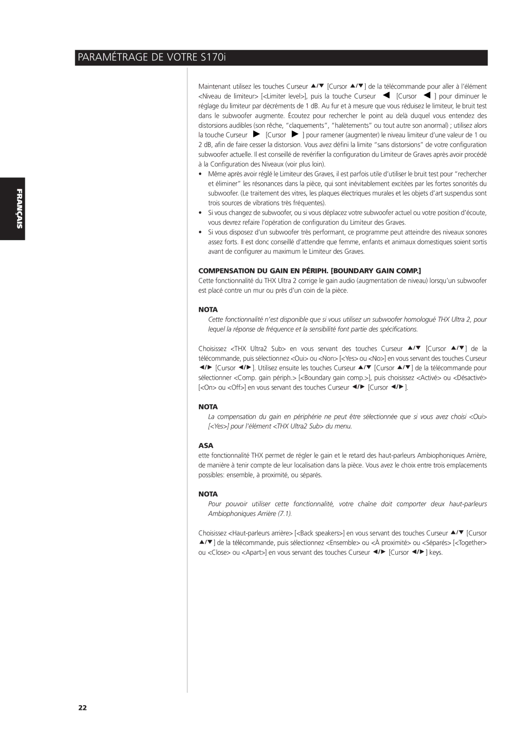 NAD S170iAV owner manual Compensation DU Gain EN PÉRIPH. Boundary Gain Comp, Asa 