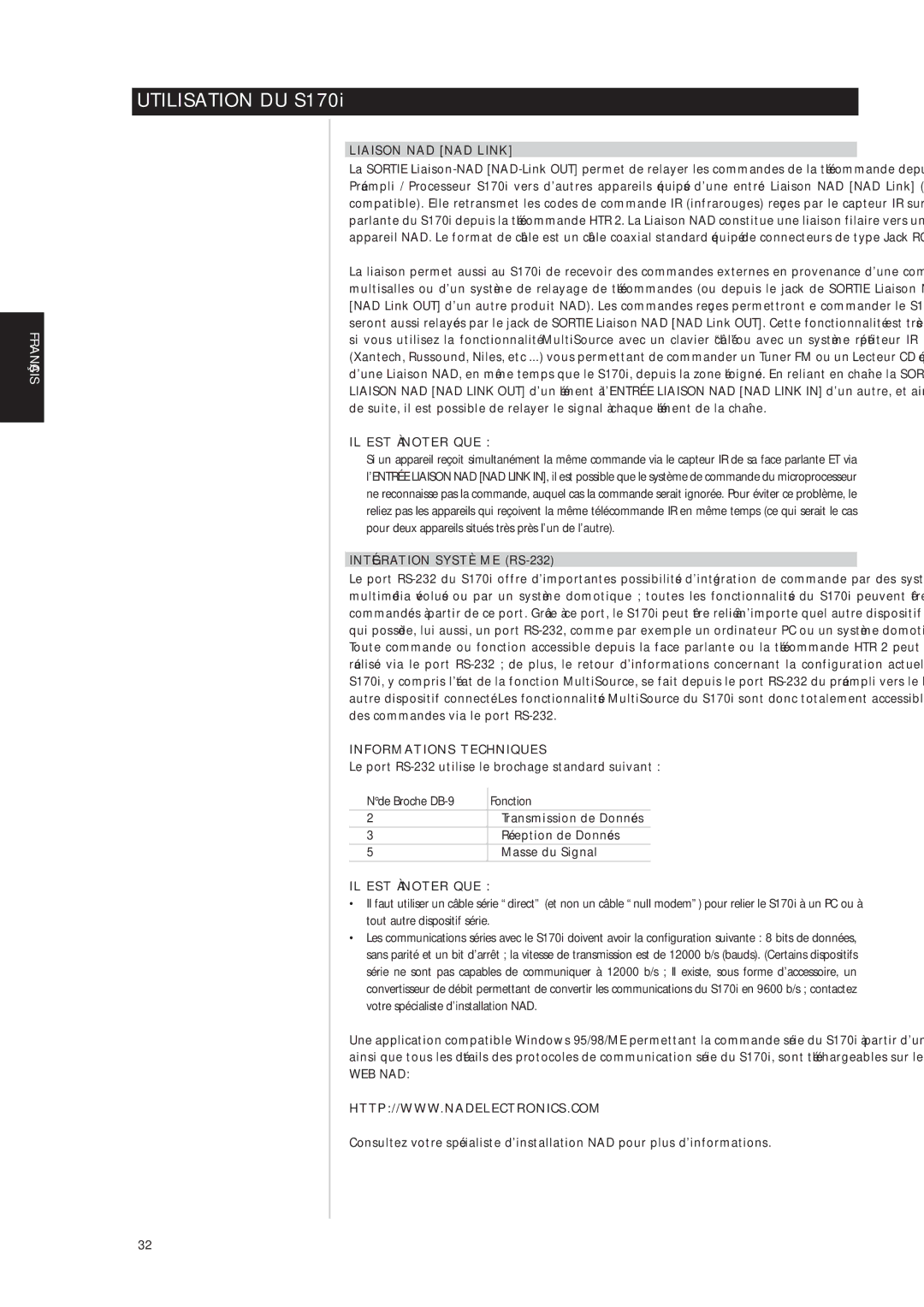 NAD S170iAV owner manual Liaison NAD NAD Link, Intégration Système RS-232, Informations Techniques, De Broche DB-9 Fonction 