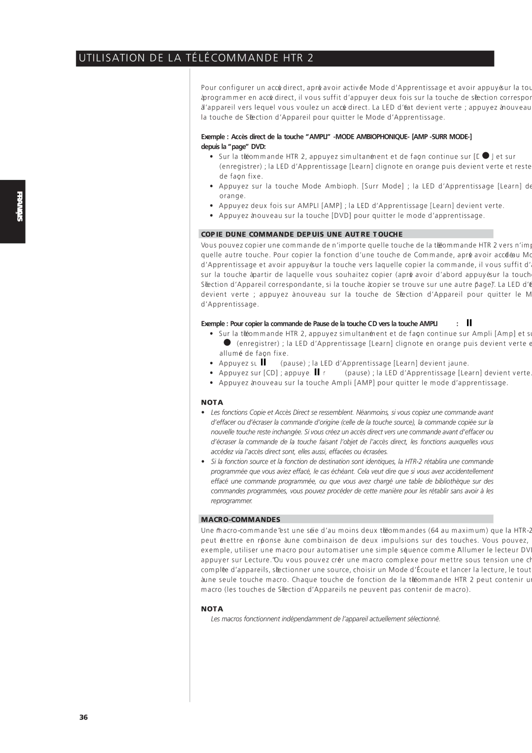 NAD S170iAV owner manual Copie D’UNE Commande Depuis UNE Autre Touche, Macro-Commandes 