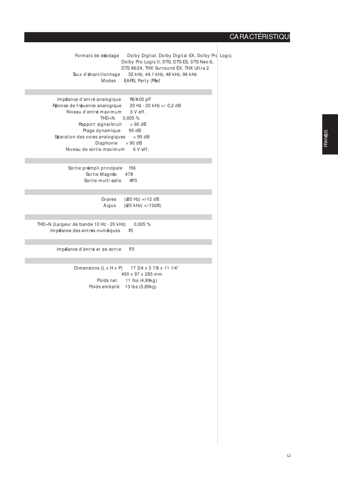 NAD S170iAV owner manual Caractéristiques 