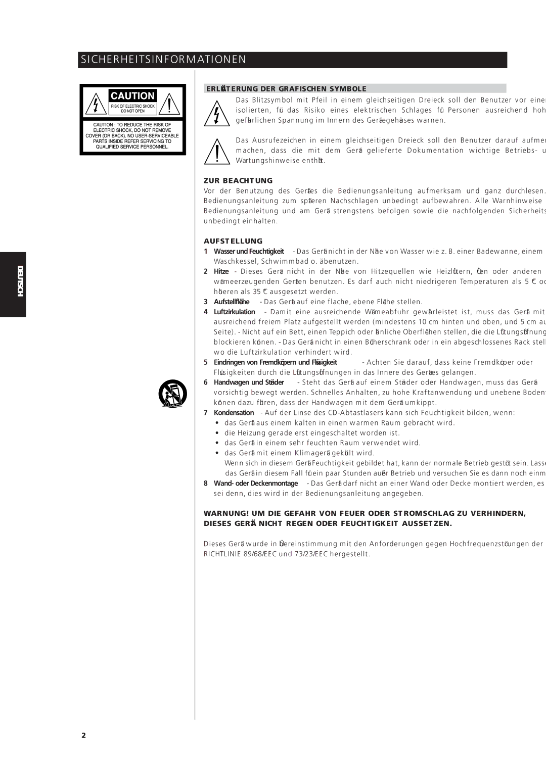 NAD S170iAV owner manual Sicherheitsinformationen, Erläuterung DER Grafischen Symbole, ZUR Beachtung, Aufstellung 