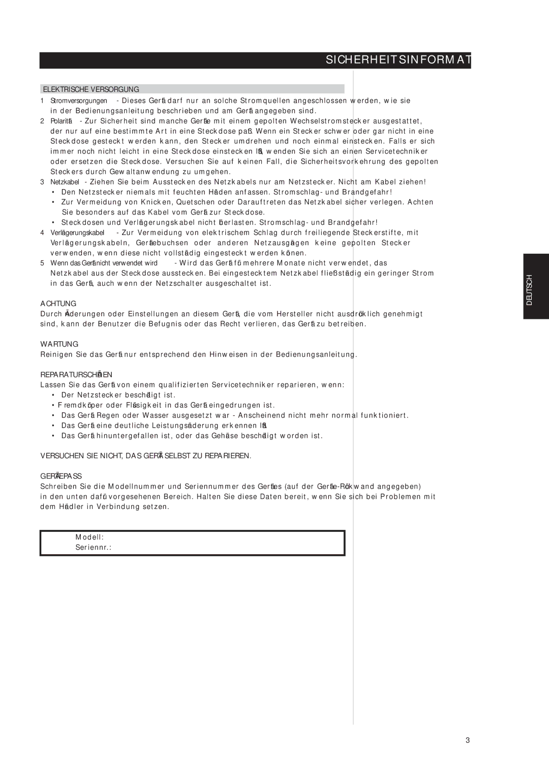 NAD S170iAV owner manual Elektrische Versorgung, Achtung, Wartung, Reparaturschäden 