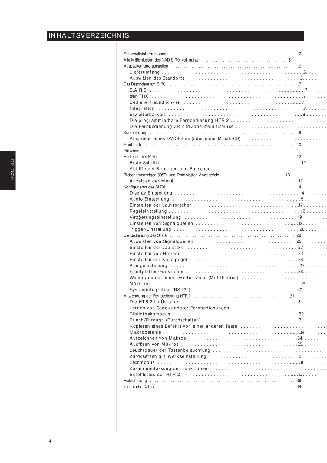 NAD S170iAV owner manual Inhaltsverzeichnis 