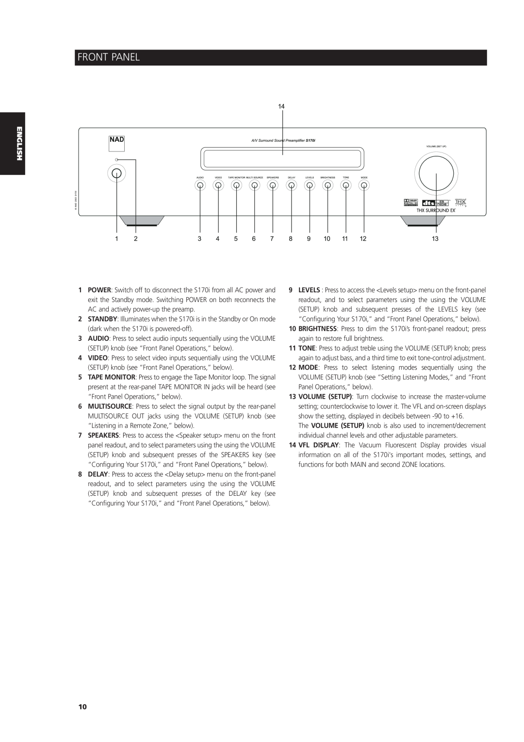 NAD S170iAV owner manual Front Panel 