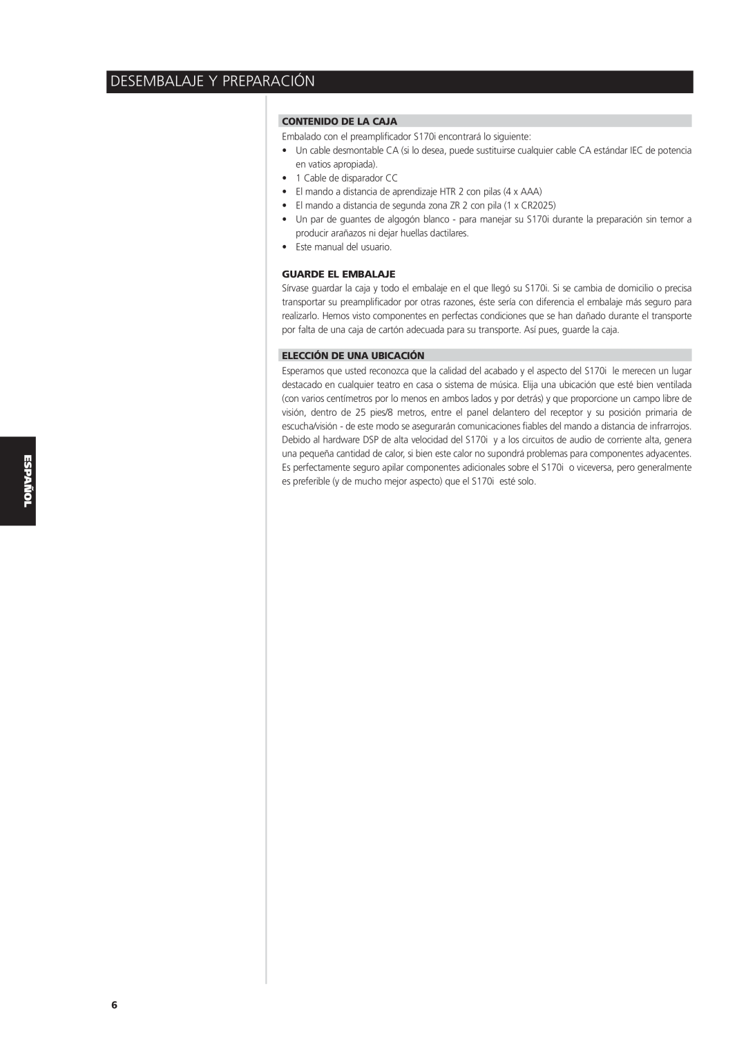 NAD S170iAV owner manual Desembalaje Y Preparación, Contenido De La Caja, Guarde El Embalaje, Elección De Una Ubicación 