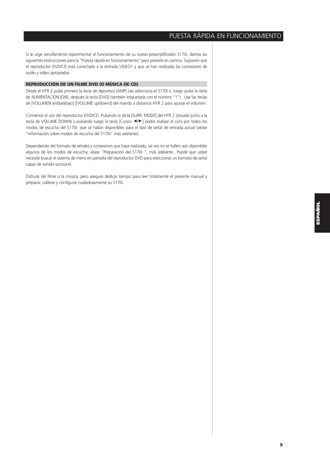 NAD S170iAV owner manual Puesta Rápida En Funcionamiento, Reproducción De Un Filme Dvd O Música De Cd 