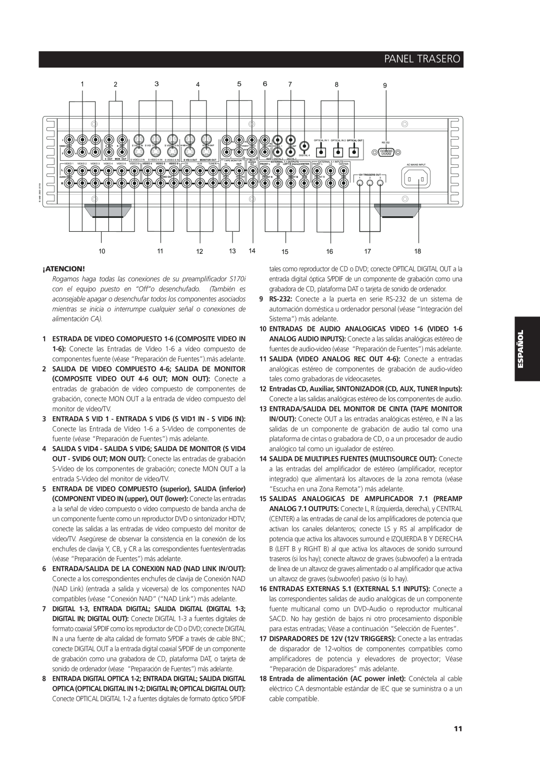 NAD S170iAV owner manual Panel Trasero, ¡Atencion 