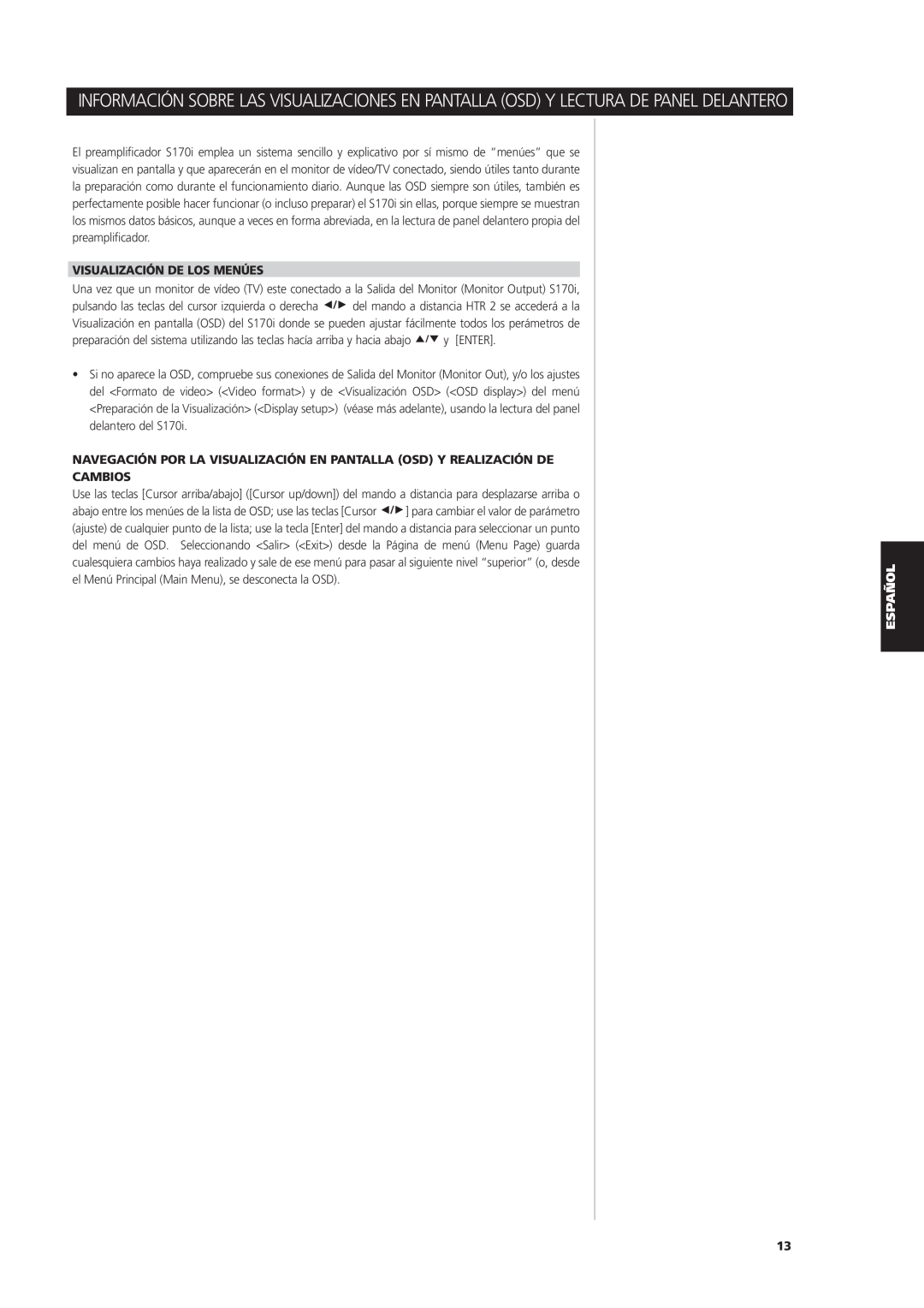 NAD S170iAV owner manual Visualización De Los Menúes, Cambios, y ENTER 