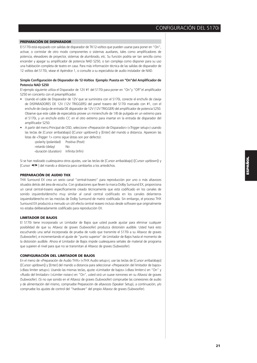 NAD S170iAV owner manual Preparación De Disparador, Potencia NAD S250, Preparación De Audio Thx, Limitador De Bajos 