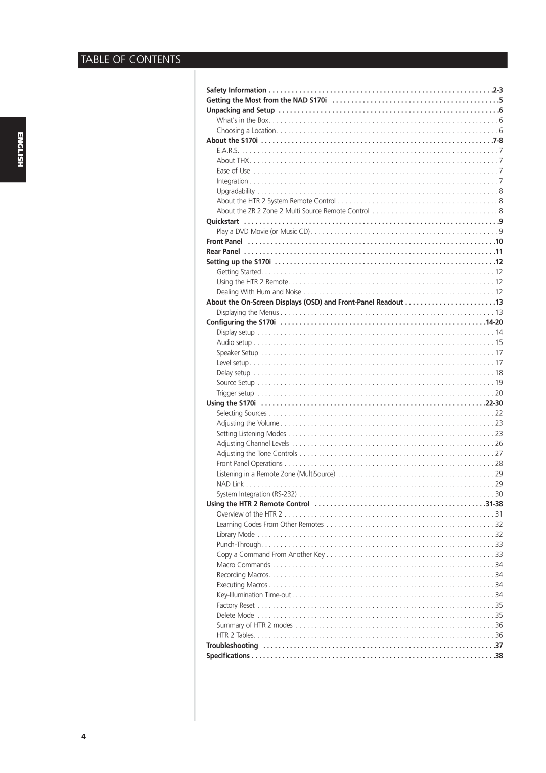 NAD S170iAV owner manual Table Of Contents 