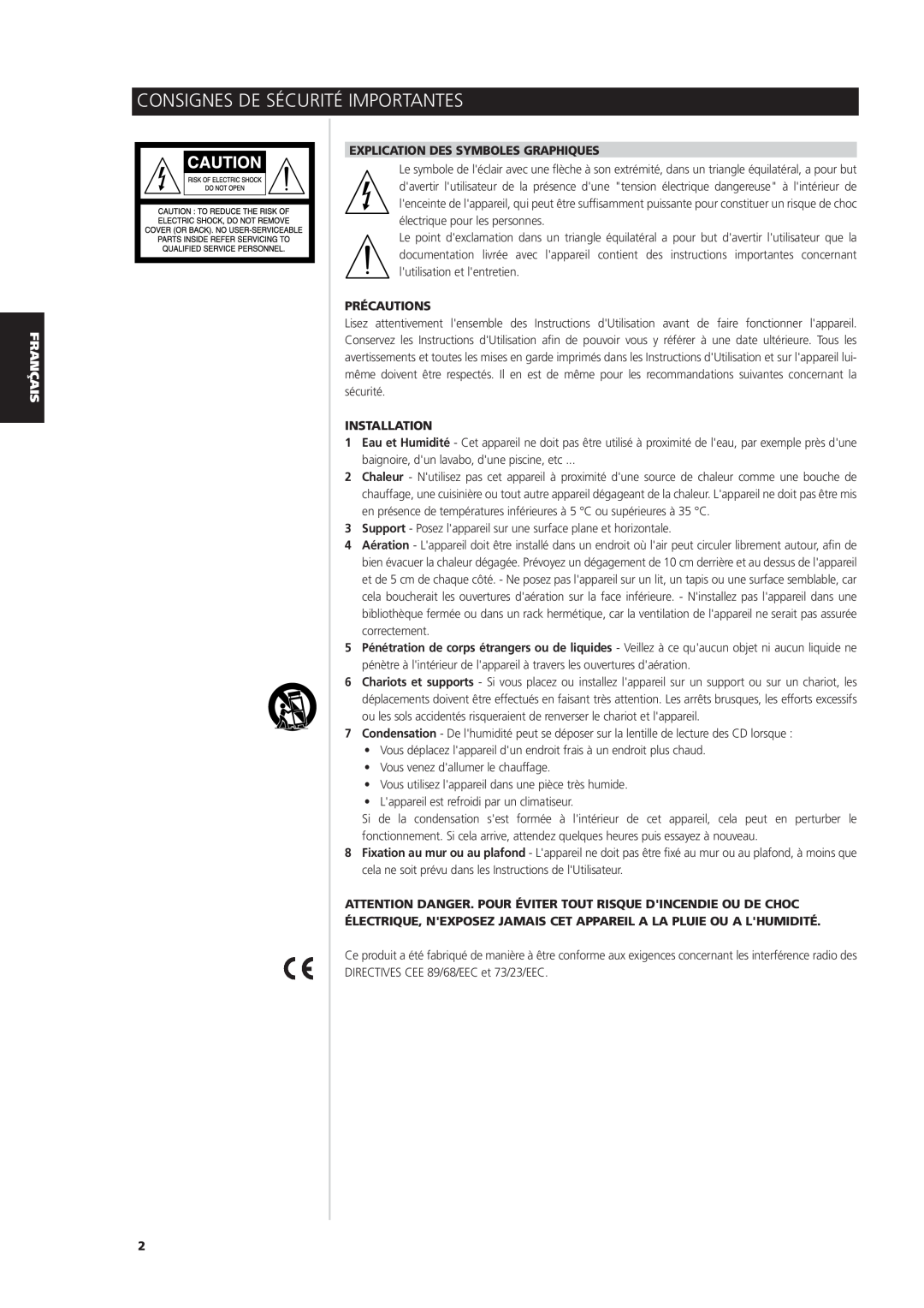 NAD S170iAV owner manual Consignes De Sécurité Importantes, Explication Des Symboles Graphiques, Précautions, Installation 