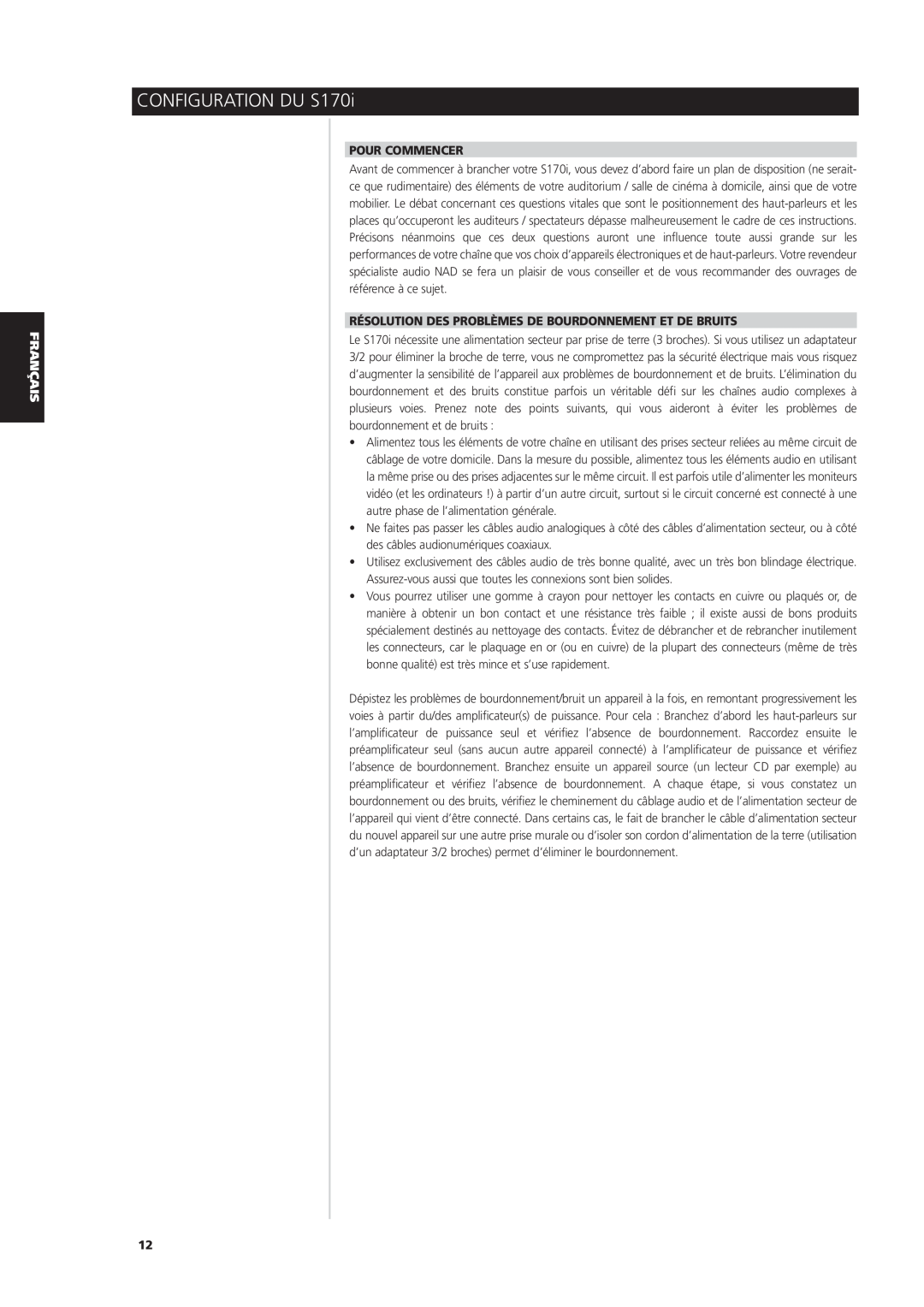 NAD S170iAV owner manual CONFIGURATION DU S170i, Pour Commencer 