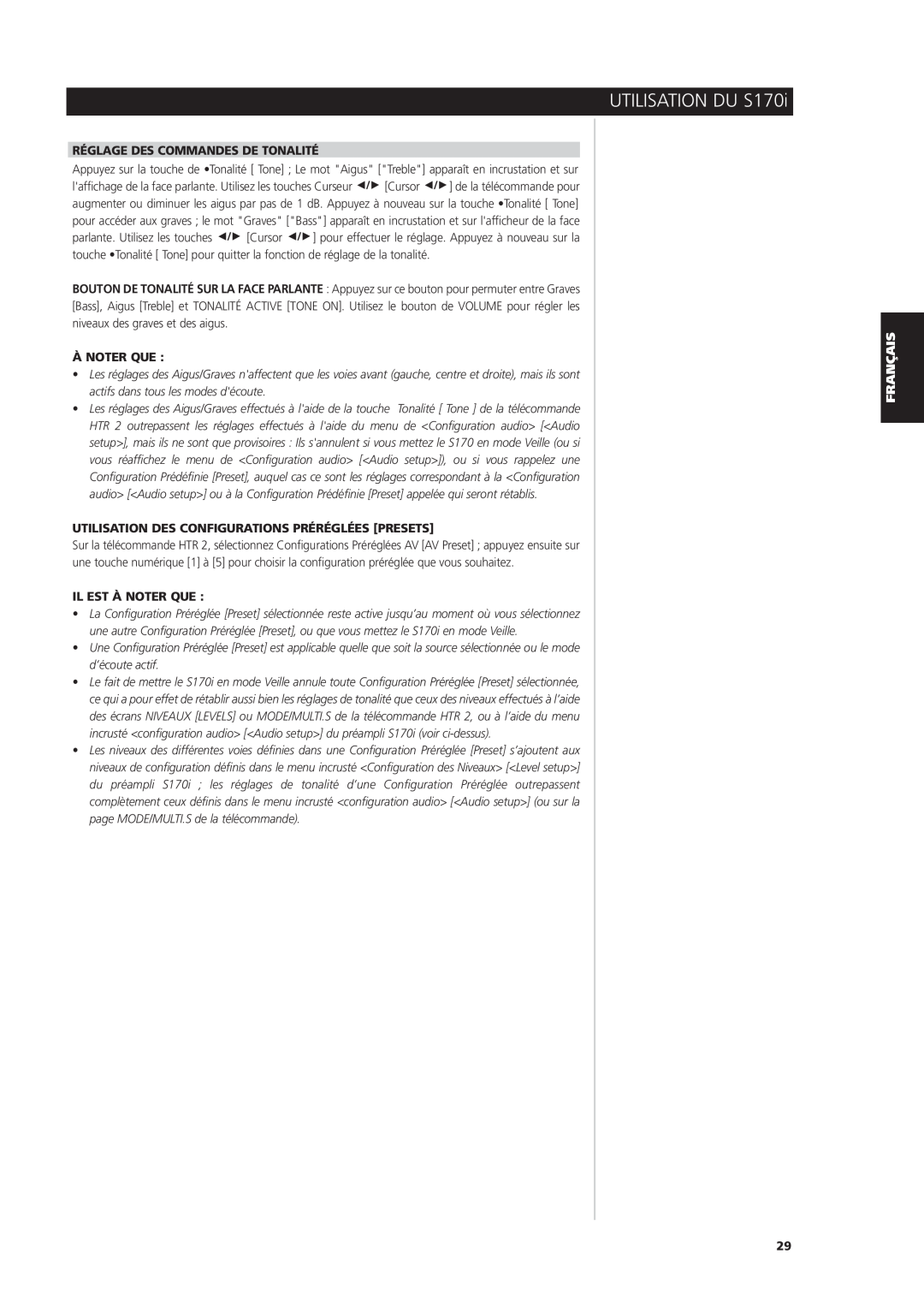 NAD S170iAV owner manual Réglage Des Commandes De Tonalité, À Noter Que, Utilisation Des Configurations Préréglées Presets 