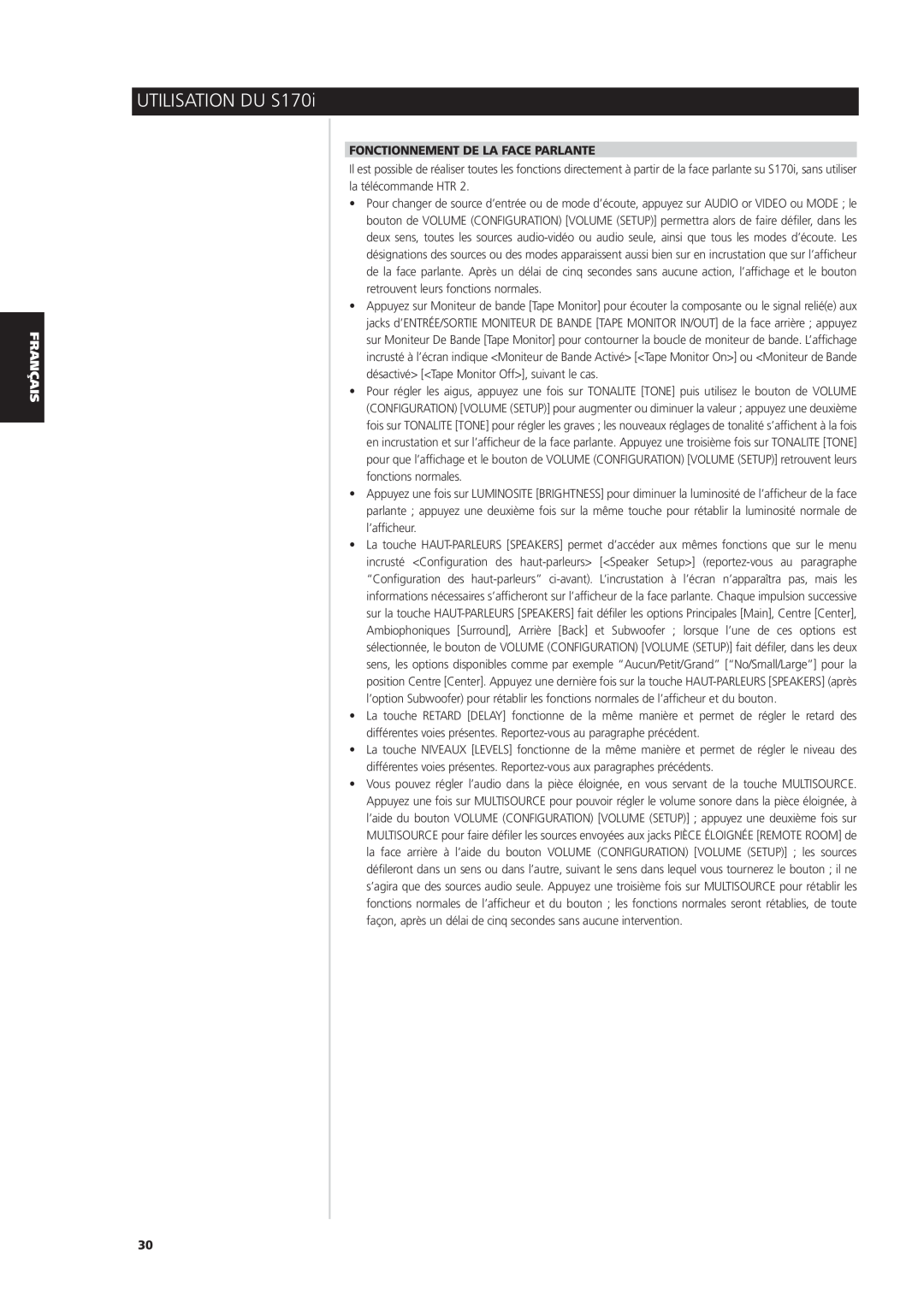 NAD S170iAV owner manual Fonctionnement De La Face Parlante, UTILISATION DU S170i 
