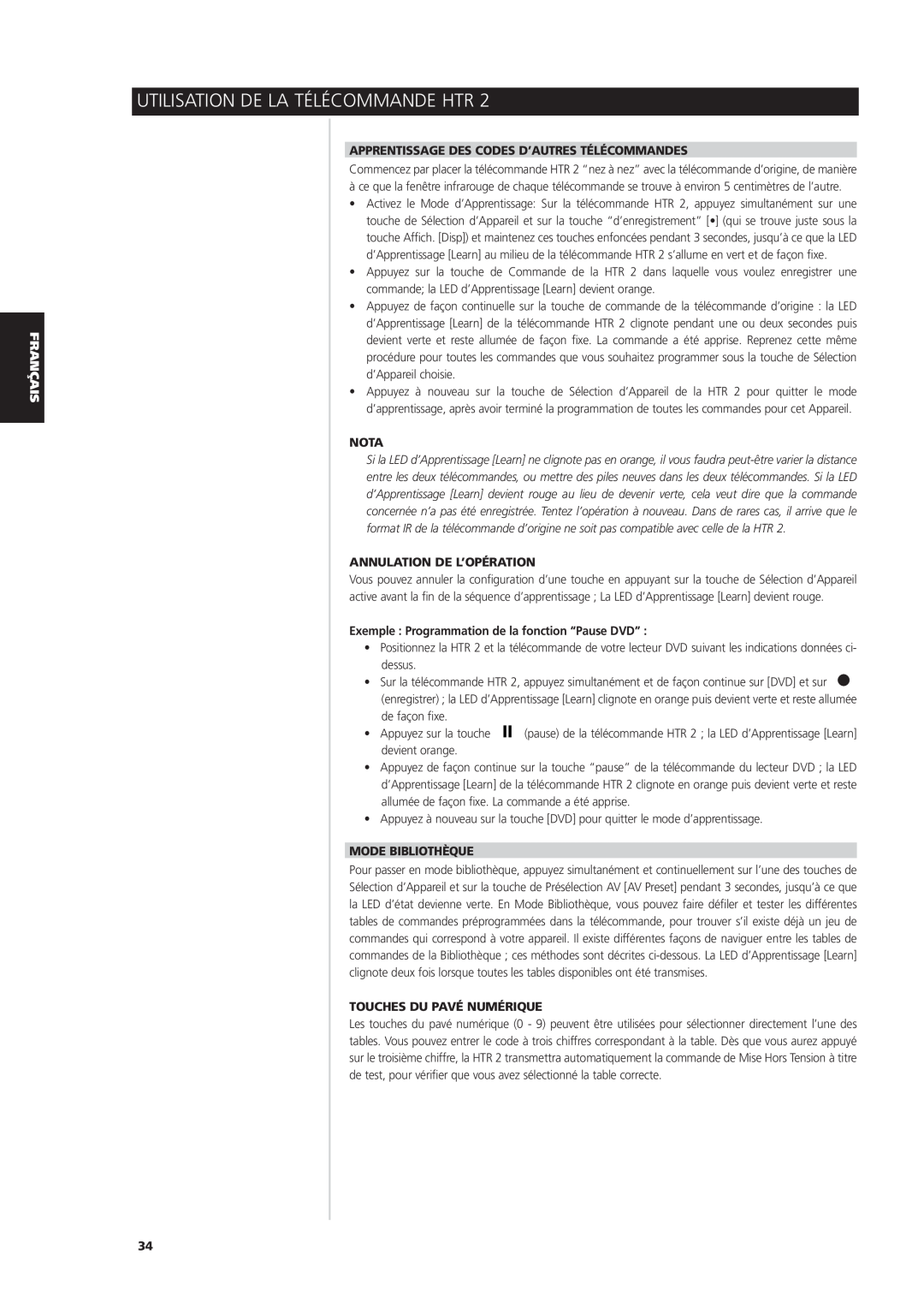 NAD S170iAV owner manual Apprentissage Des Codes D’Autres Télécommandes, Annulation De L’Opération, Mode Bibliothèque, Nota 