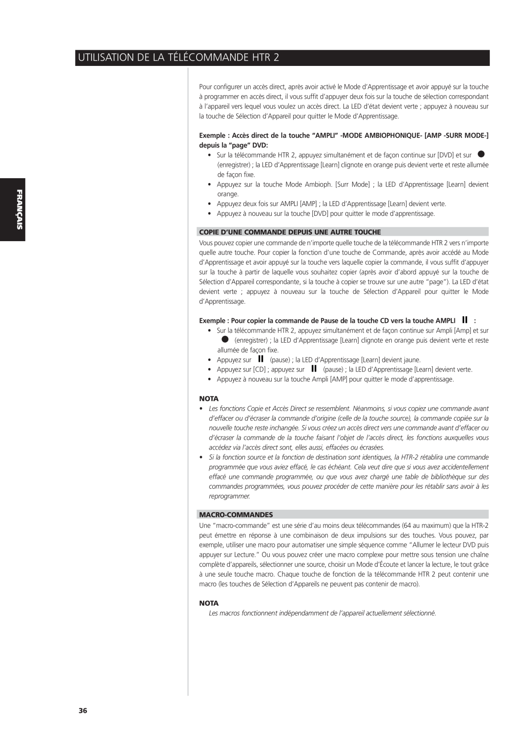 NAD S170iAV Copie D’Une Commande Depuis Une Autre Touche, Macro-Commandes, Utilisation De La Télécommande Htr, Nota 