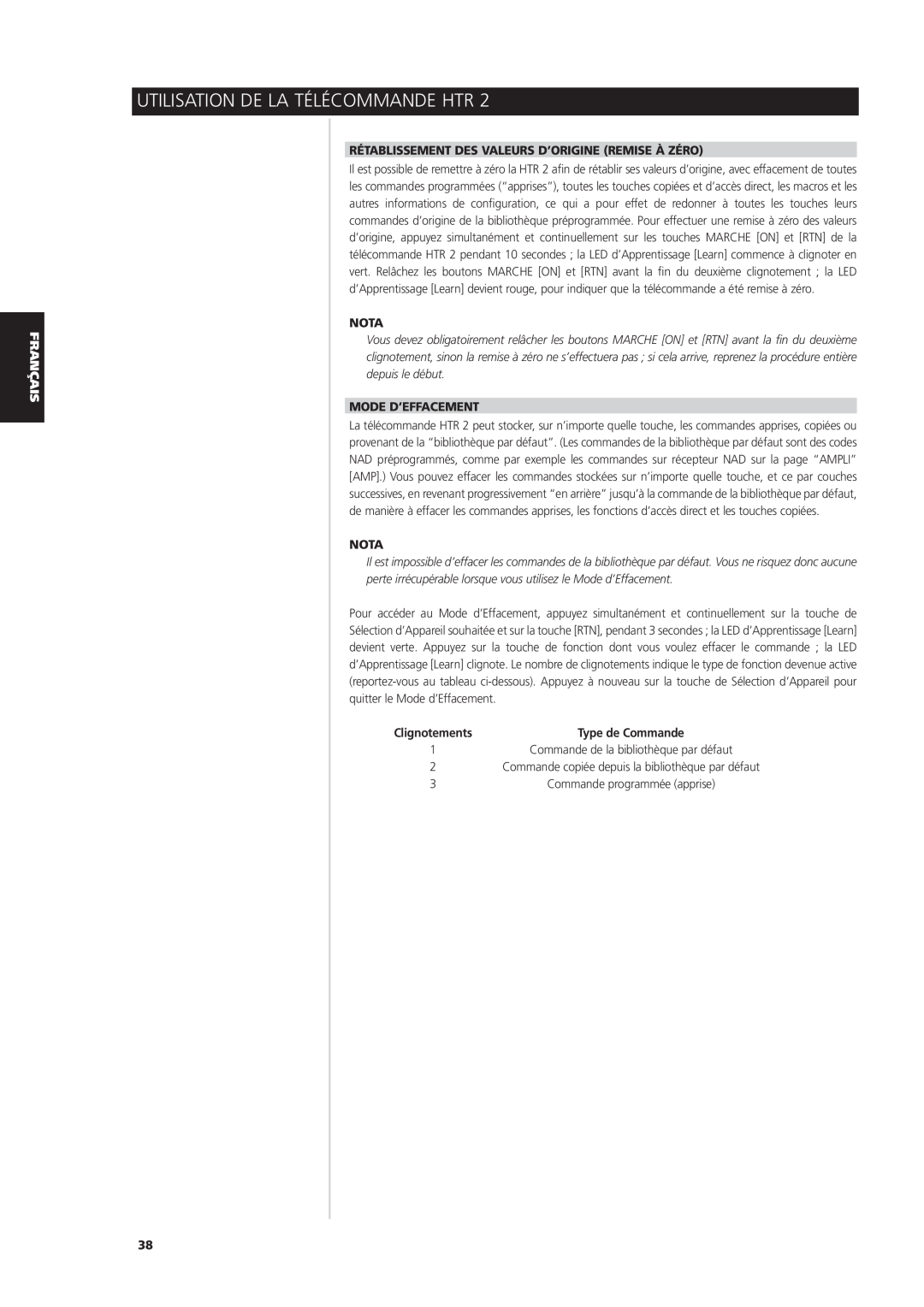 NAD S170iAV owner manual Mode D’Effacement, Clignotements, Utilisation De La Télécommande Htr, Nota 