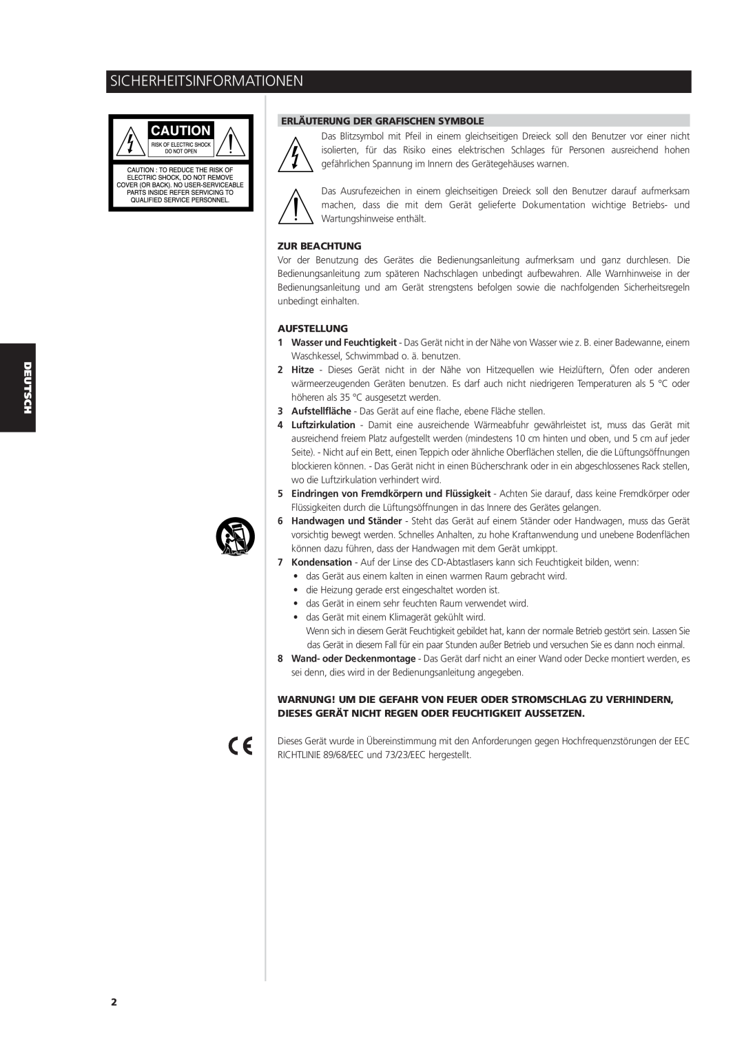 NAD S170iAV owner manual Sicherheitsinformationen, Erläuterung Der Grafischen Symbole, Zur Beachtung, Aufstellung 