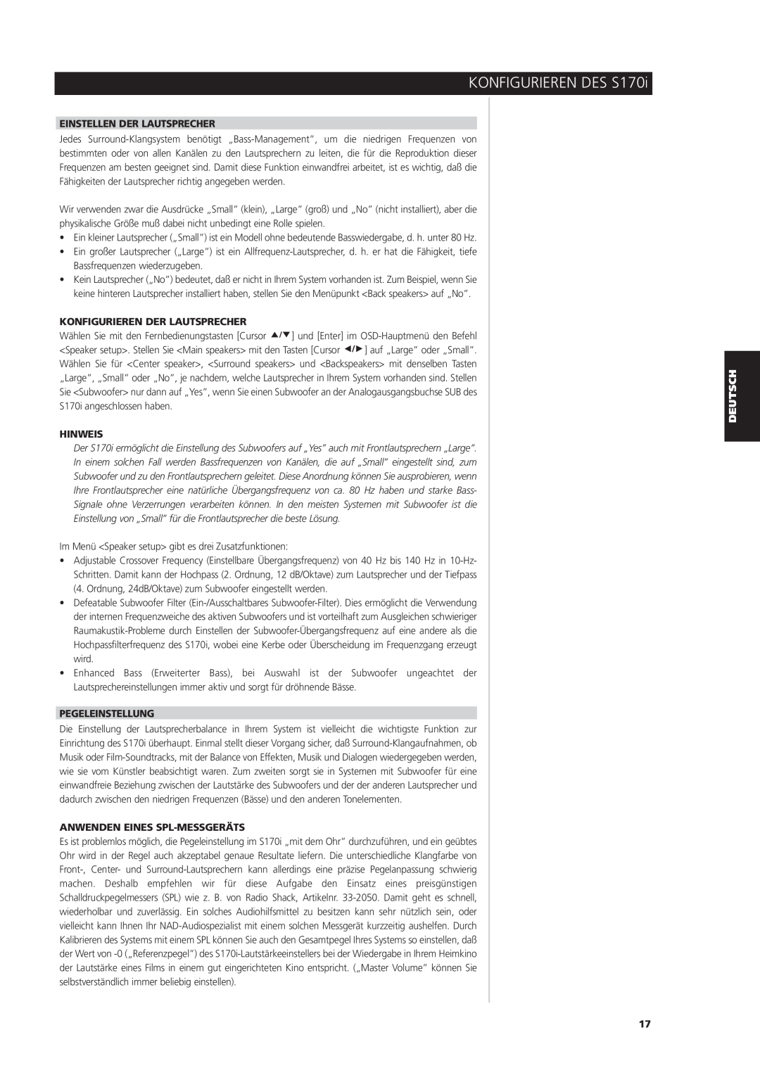 NAD S170iAV owner manual Einstellen Der Lautsprecher, Konfigurieren Der Lautsprecher, Hinweis, Pegeleinstellung 