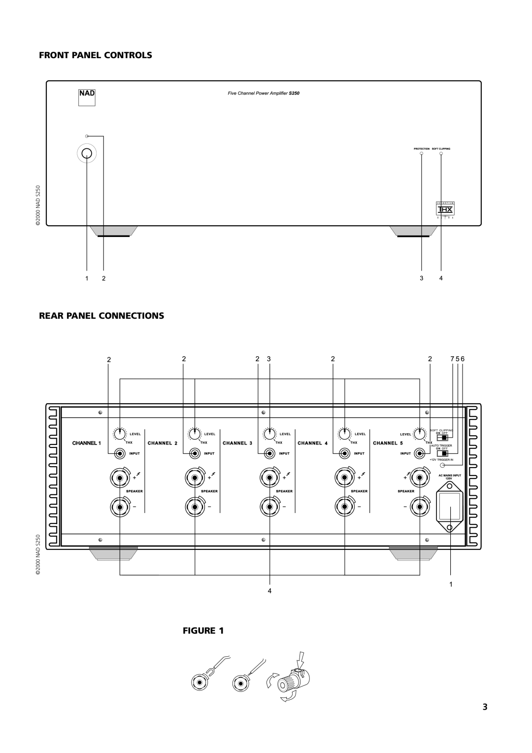 NAD S250 owner manual Front Panel Controls, Rear Panel Connections 