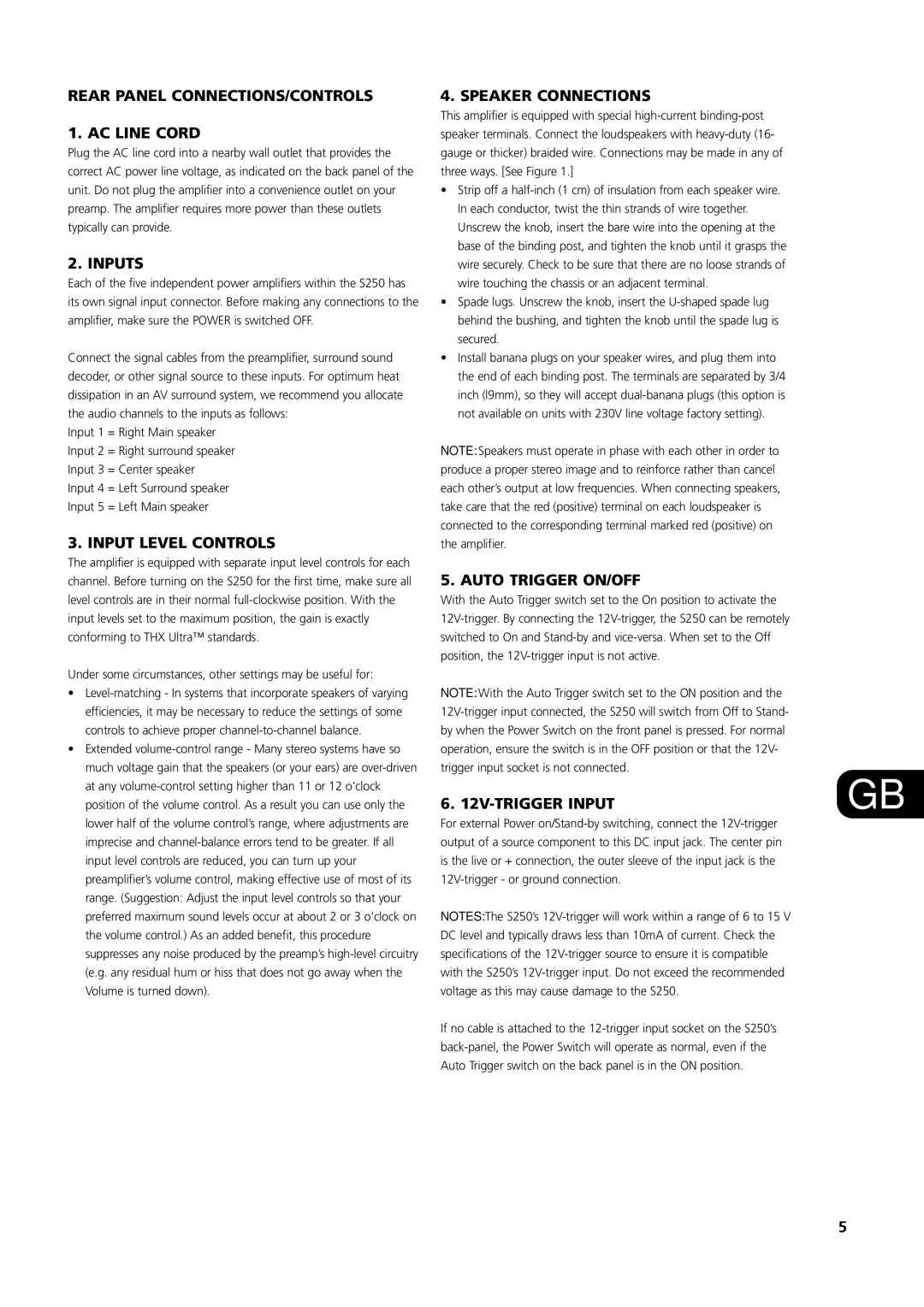 NAD S250 owner manual Rear Panel CONNECTIONS/CONTROLS AC Line Cord, Inputs, Input Level Controls, Speaker Connections 