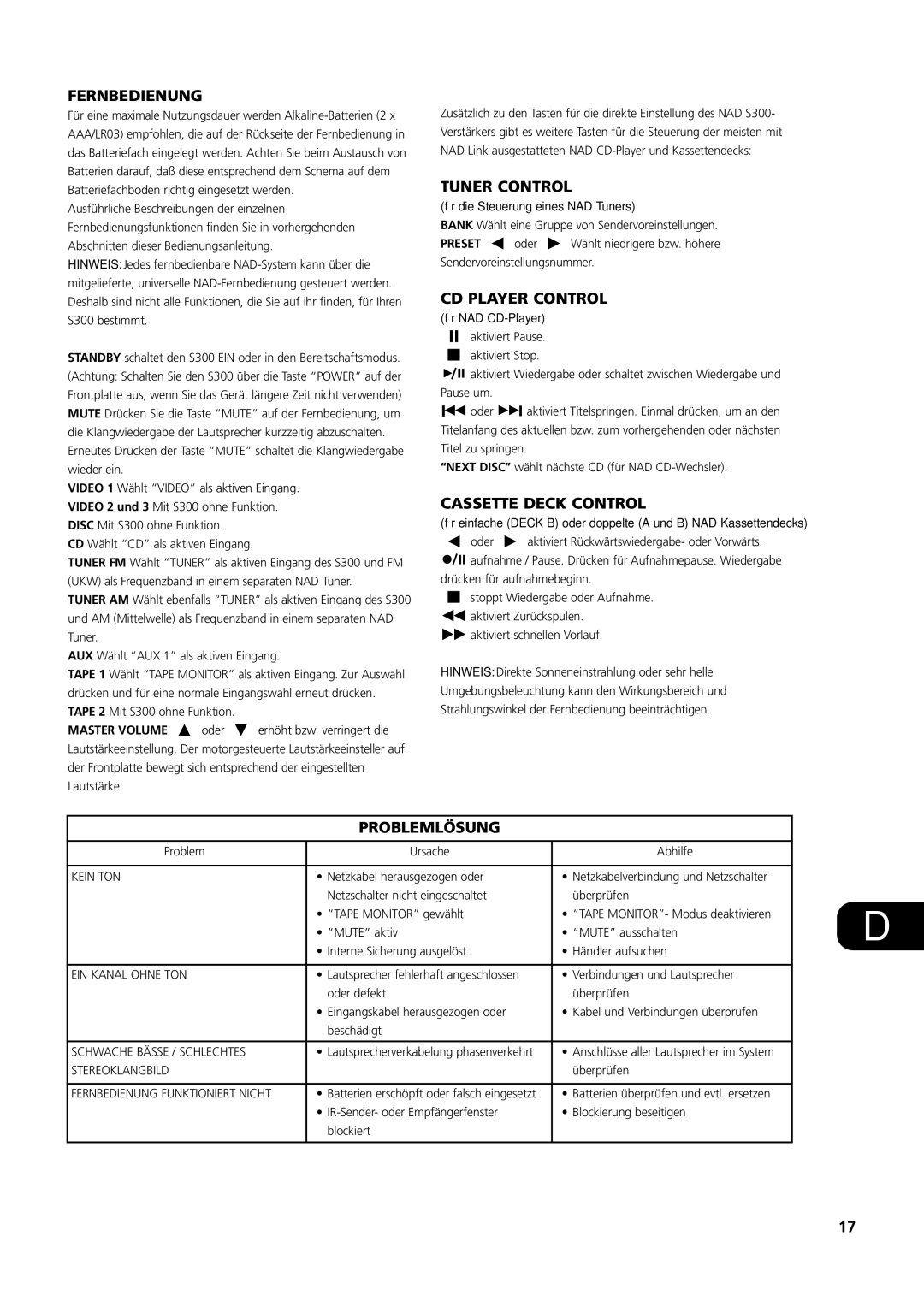 NAD S300 owner manual Fernbedienung, Tuner Control, Problemlösung, Für die Steuerung eines NAD Tuners, Für NAD CD-Player 