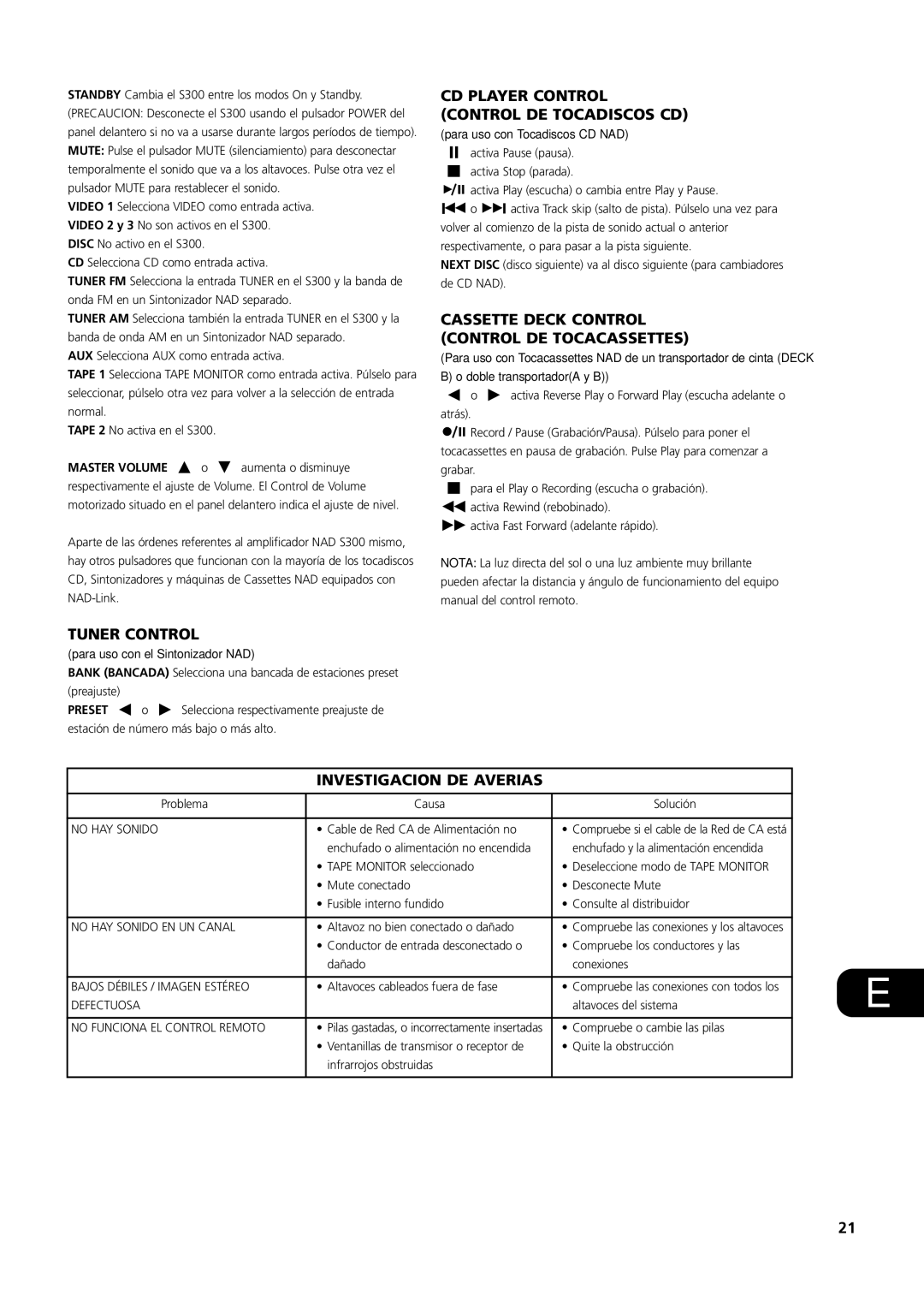 NAD S300 Cassette Deck Control Control DE Tocacassettes, Investigacion DE Averias, Para uso con el Sintonizador NAD 