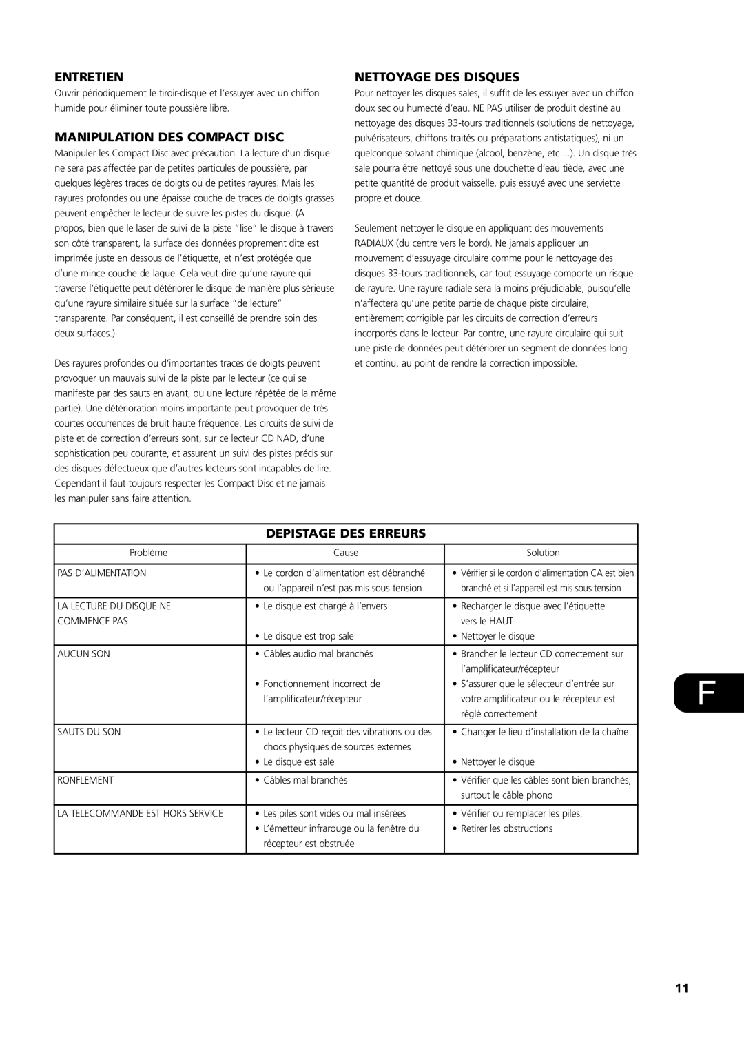 NAD S500 owner manual Entretien, Manipulation DES Compact Disc, Nettoyage DES Disques, Depistage DES Erreurs 