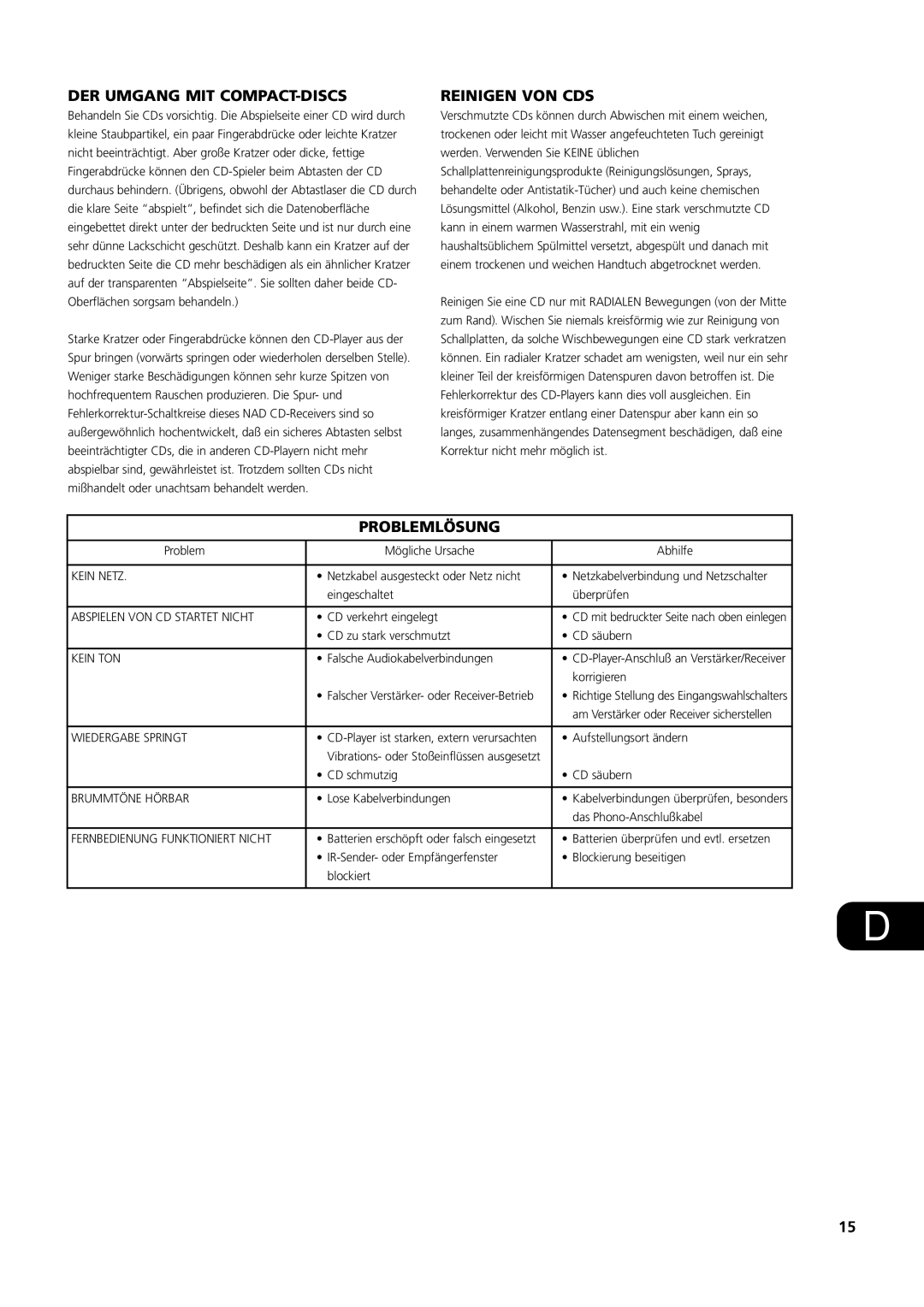 NAD S500 owner manual DER Umgang MIT COMPACT-DISCS, Reinigen VON CDS, Problemlösung 