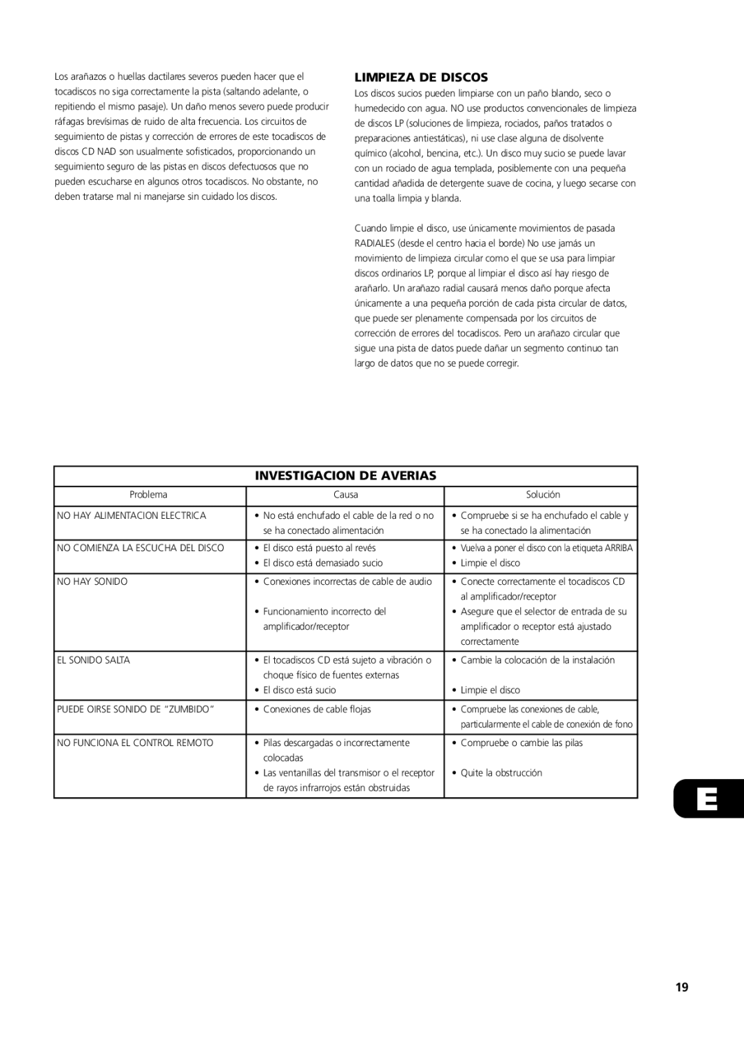 NAD S500 owner manual Limpieza DE Discos, Investigacion DE Averias 