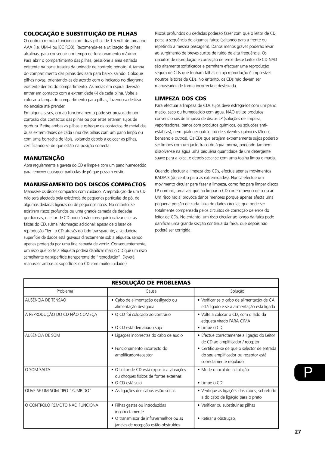 NAD S500 owner manual Colocação E Substituição DE Pilhas, Manutenção, Manuseamento DOS Discos Compactos, Limpeza DOS CDS 