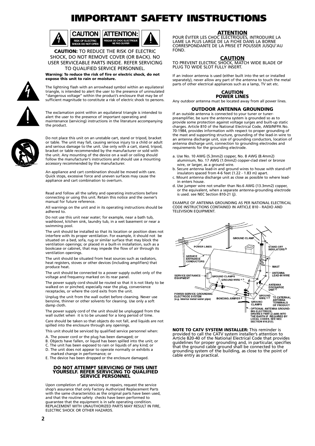 NAD S500 owner manual Important Safety Instructions, Power Lines, Outdoor Antenna Grounding 