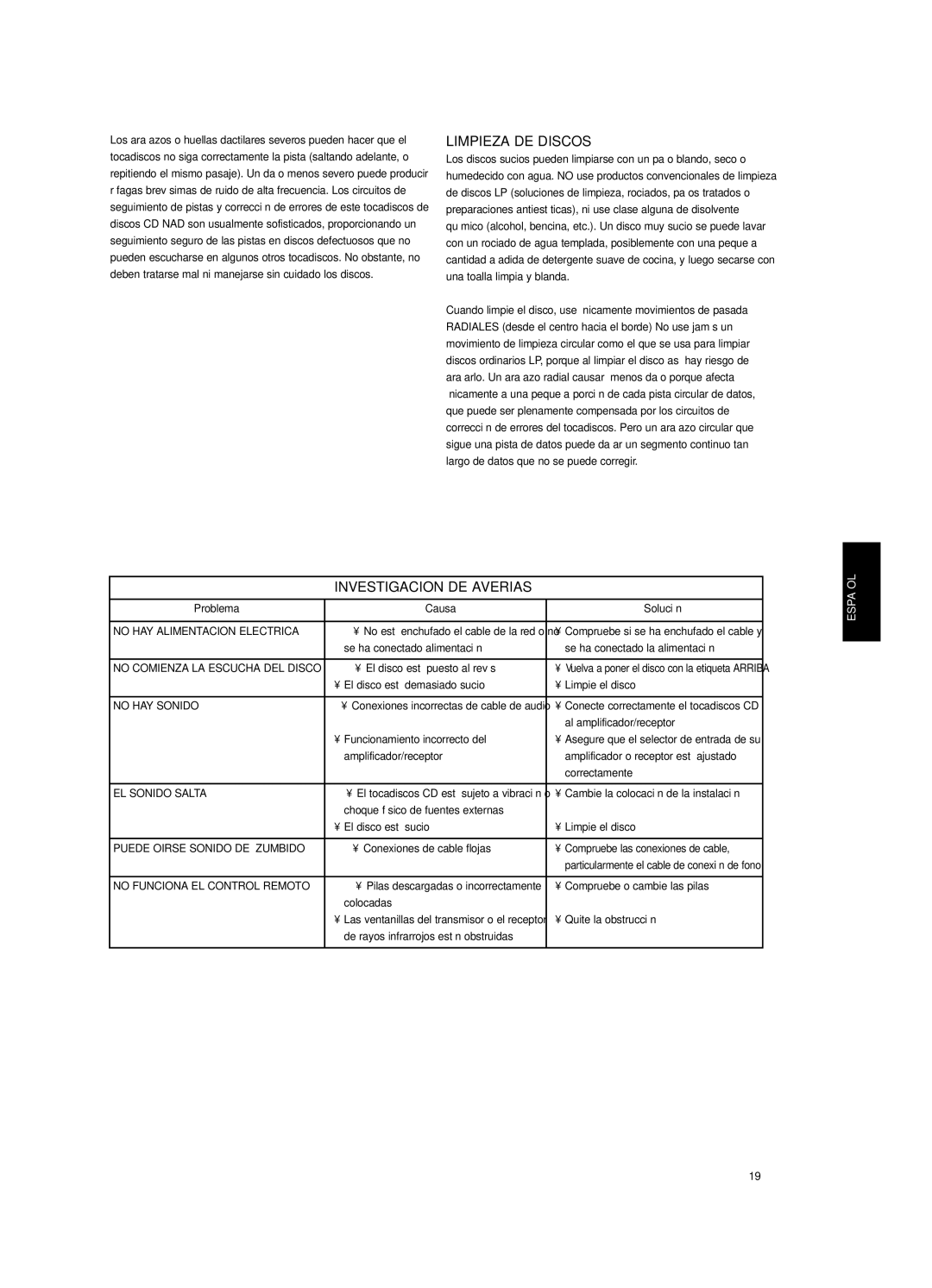 NAD S500i owner manual Limpieza DE Discos, Investigacion DE Averias 