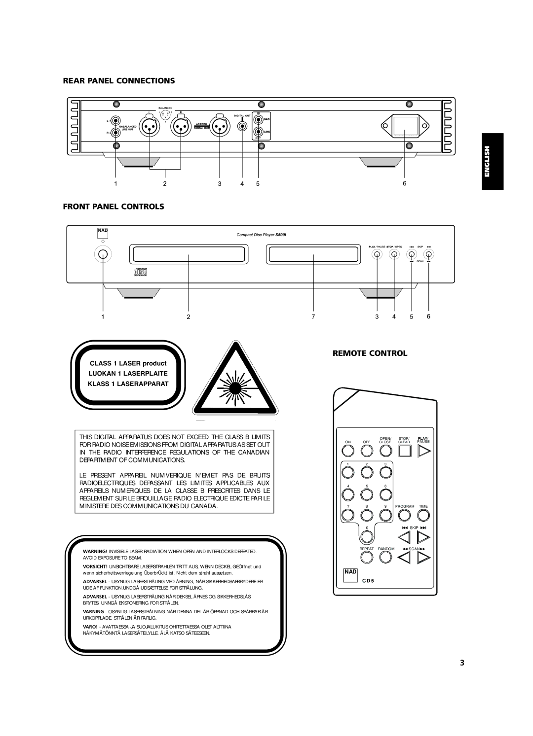 NAD S500i owner manual Rear Panel Connections Front Panel Controls, Remote Control 