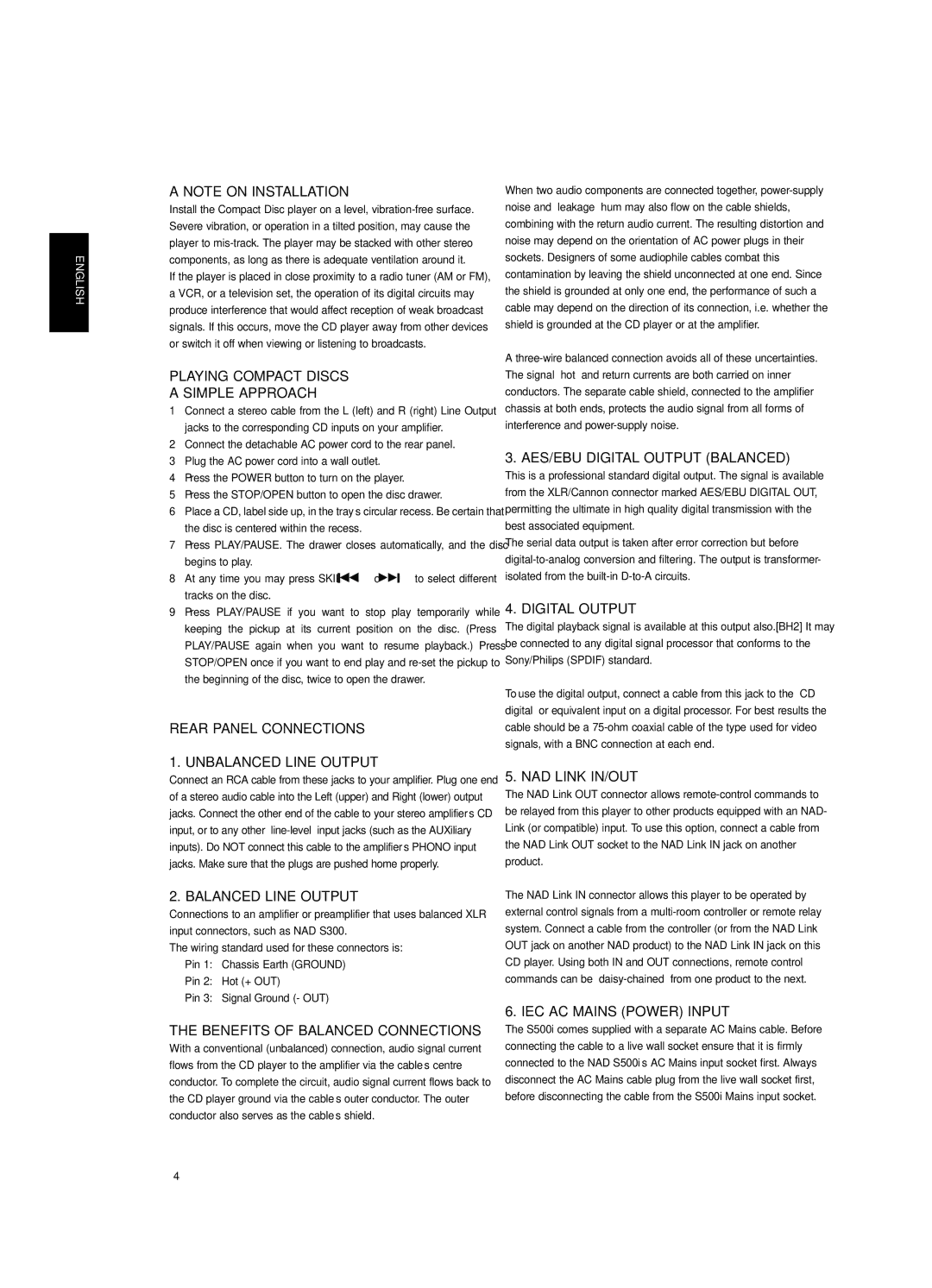 NAD S500i Playing Compact Discs Simple Approach, Rear Panel Connections Unbalanced Line Output, Balanced Line Output 