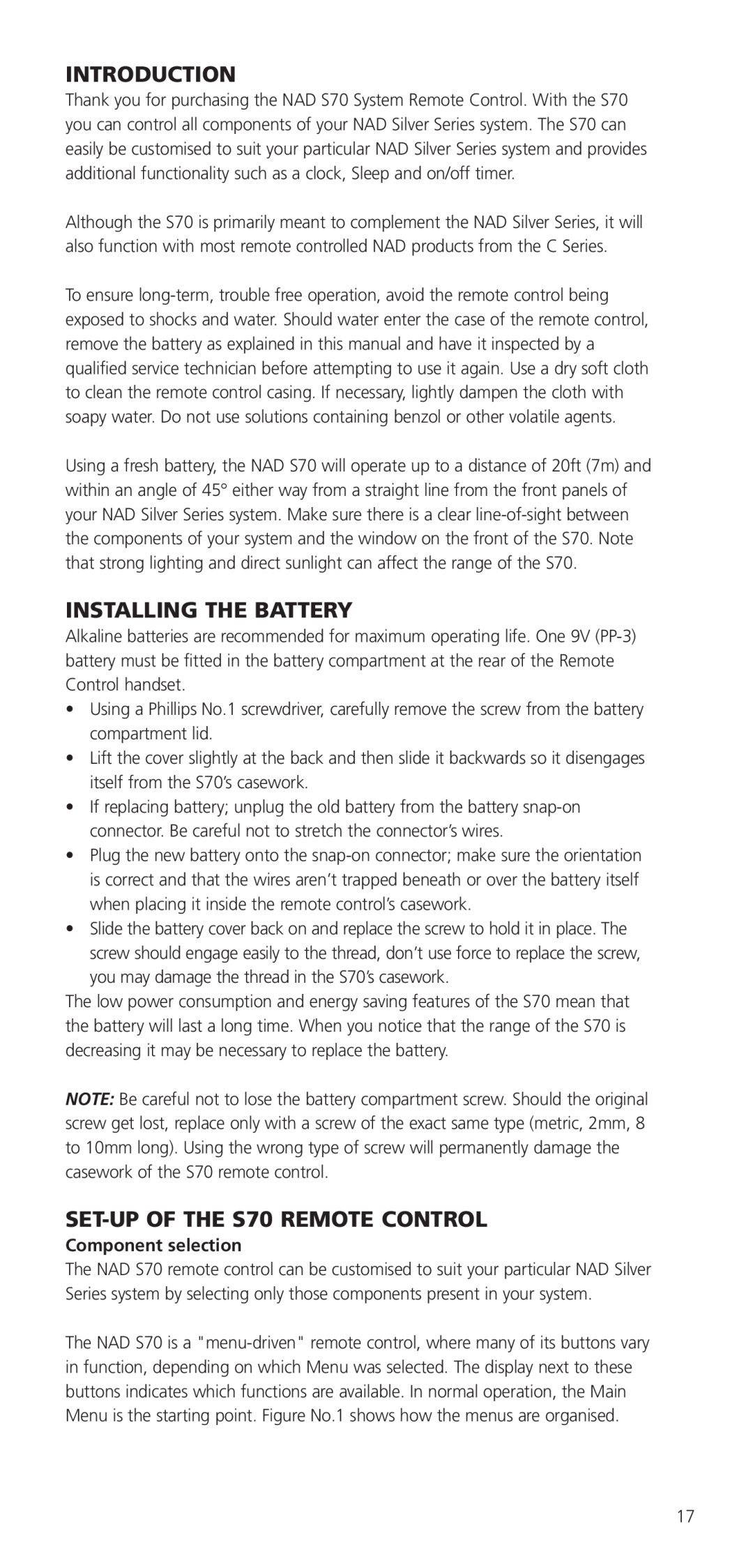 NAD owner manual Introduction, Installing The Battery, SET-UP OF THE S70 REMOTE CONTROL, Component selection 