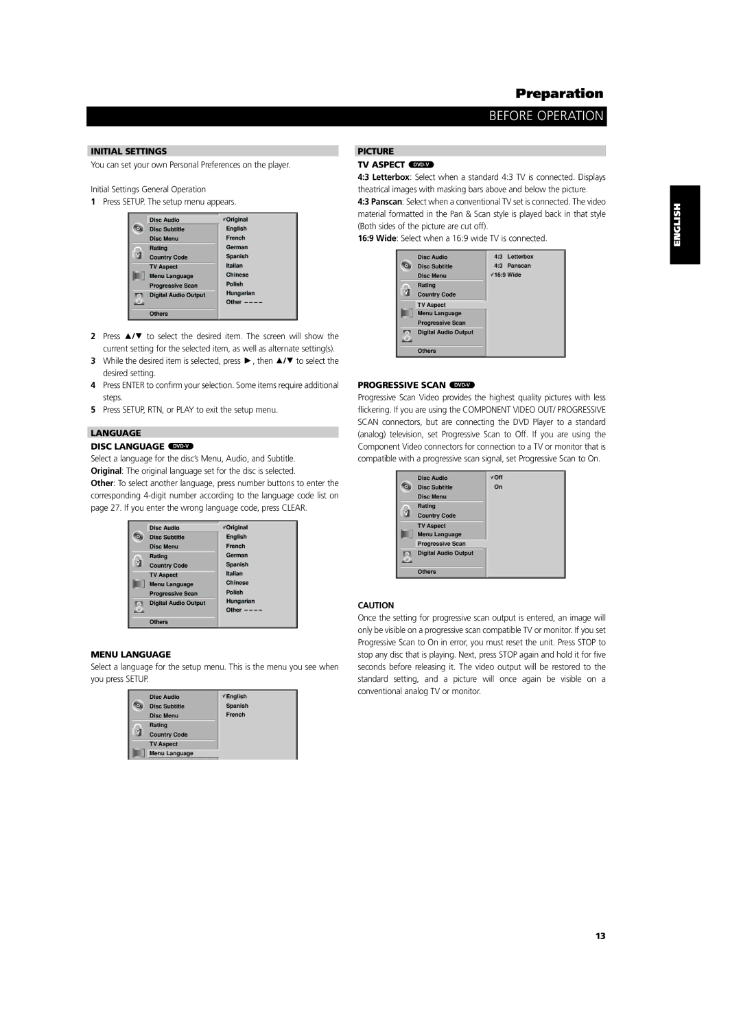 NAD T 513 Initial Settings, Language Disc Language DVD-V, Menu Language, Picture TV Aspect DVD-V, Progressive Scan DVD-V 