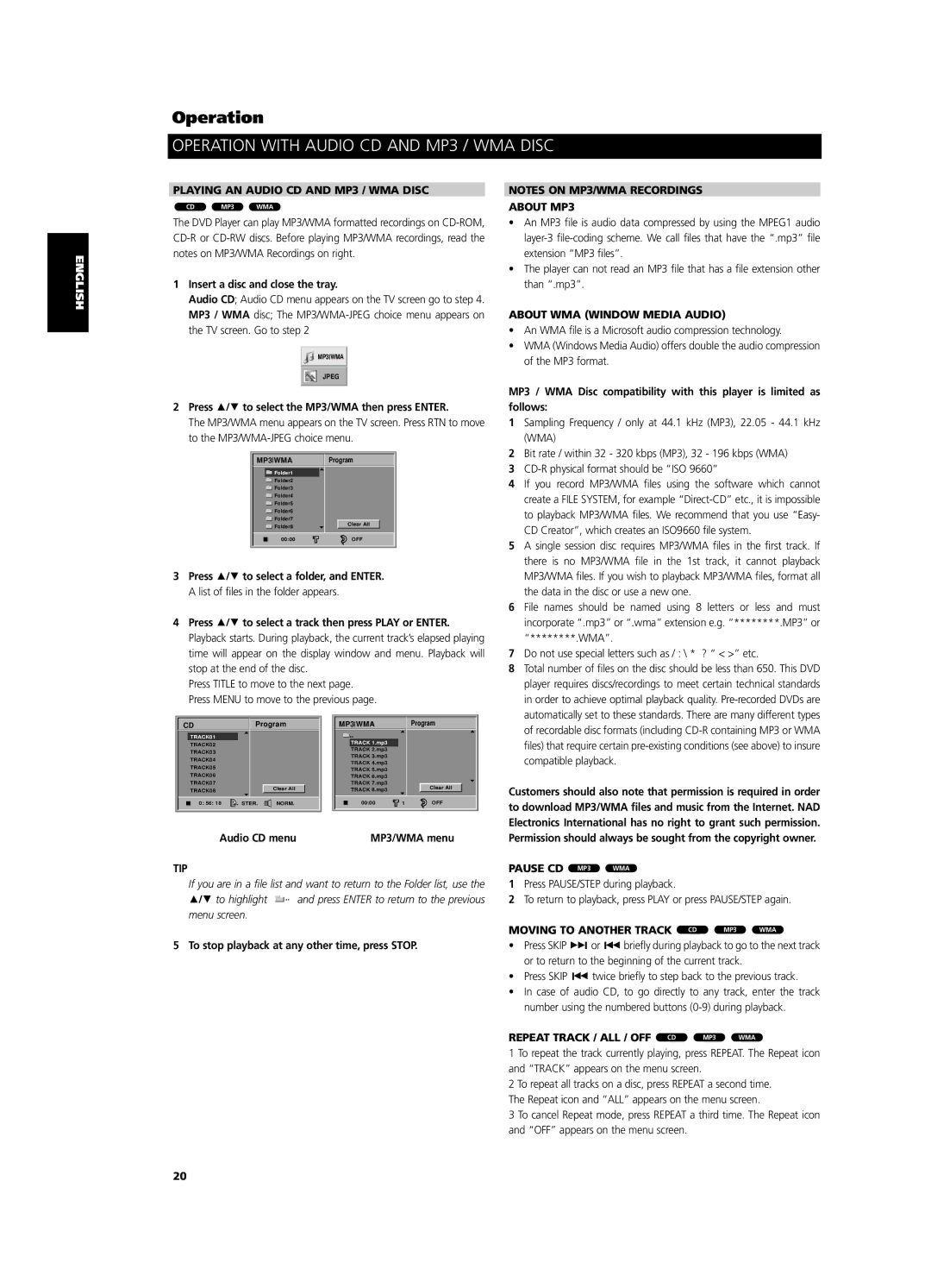 NAD T 513 owner manual Operation with Audio CD and MP3 / WMA Disc 