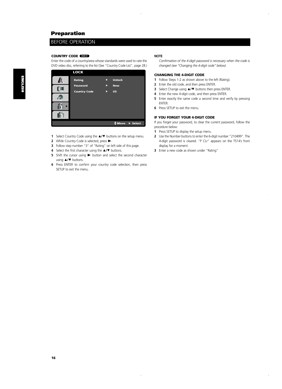 NAD T 514DVD owner manual Country Code DVD-V, Changing the 4-DIGIT Code, If YOU Forget Your 4-DIGIT Code 