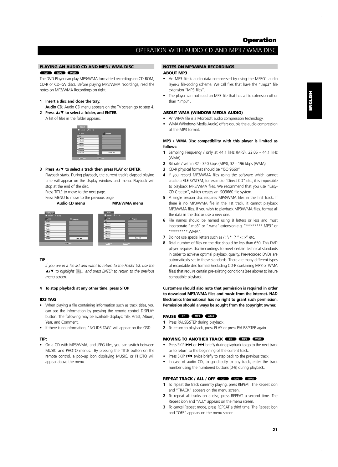 NAD T 514DVD owner manual Operation with Audio CD and MP3 / WMA Disc 