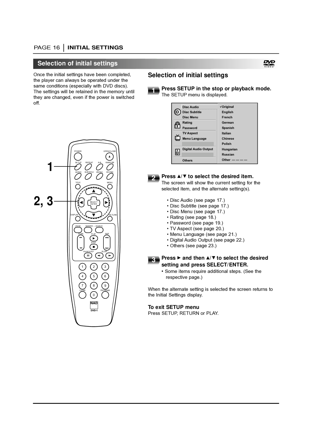 NAD T 531 Selection of initial settings, Press Setup in the stop or playback mode, Press D/E to select the desired item 