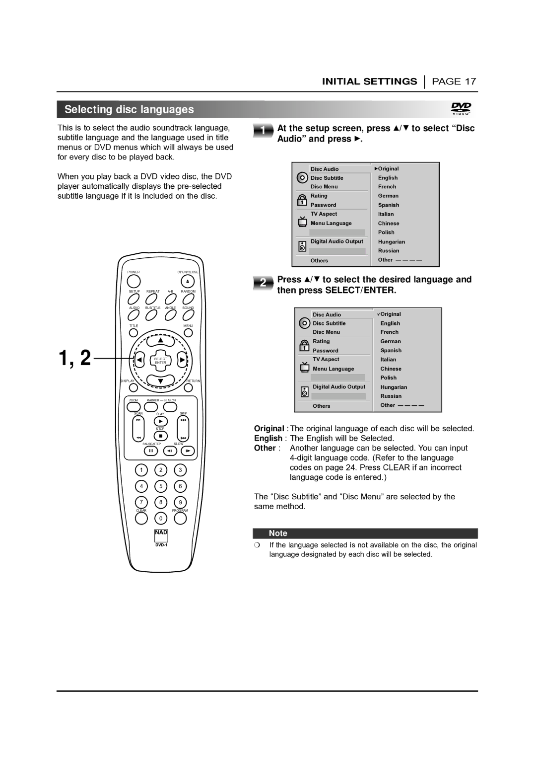 NAD T 531 owner manual Selecting disc languages, Same method 