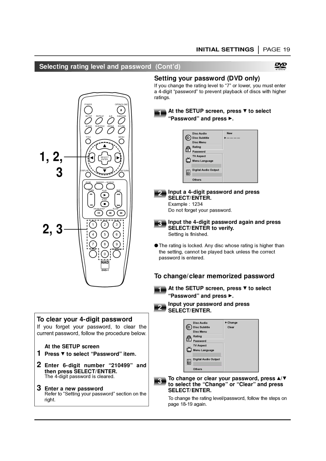 NAD T 531 owner manual To clear your 4-digit password, To change/clear memorized password 