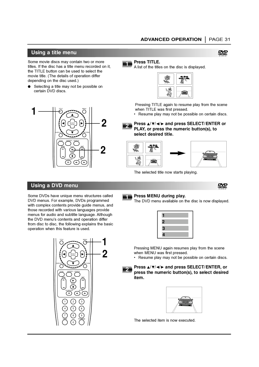 NAD T 531 owner manual Using a title menu, Using a DVD menu 