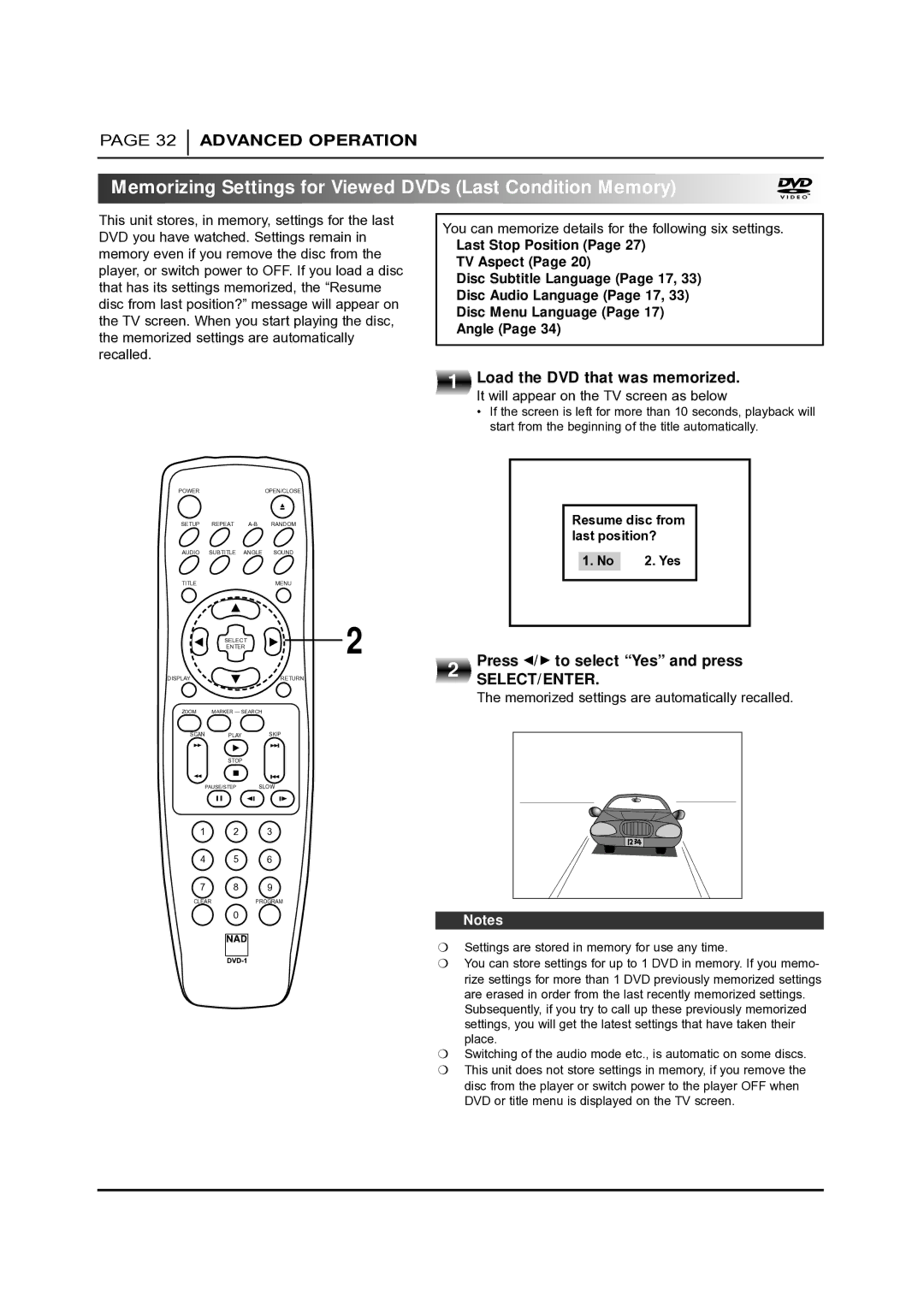 NAD T 531 owner manual Memorizing Settings for Viewed DVDs Last Condition Memory, Load the DVD that was memorized 