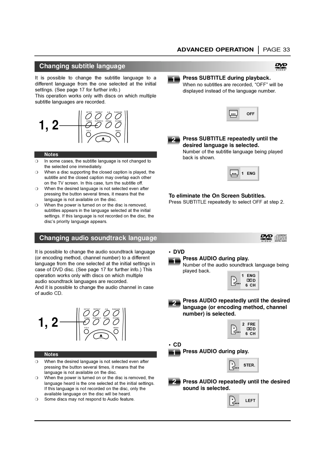 NAD T 531 owner manual Changing subtitle language, Changing audio soundtrack language 